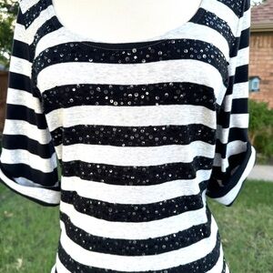 💖 Twisted Heart Sequined Black & Gray/White Striped Knit Top